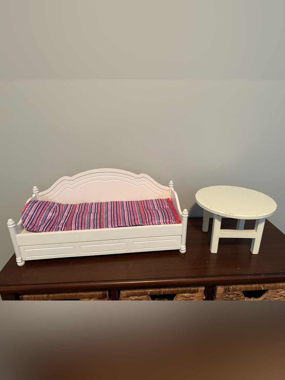 White Wooden Doll Daybed, Table, Dolls and Accessories